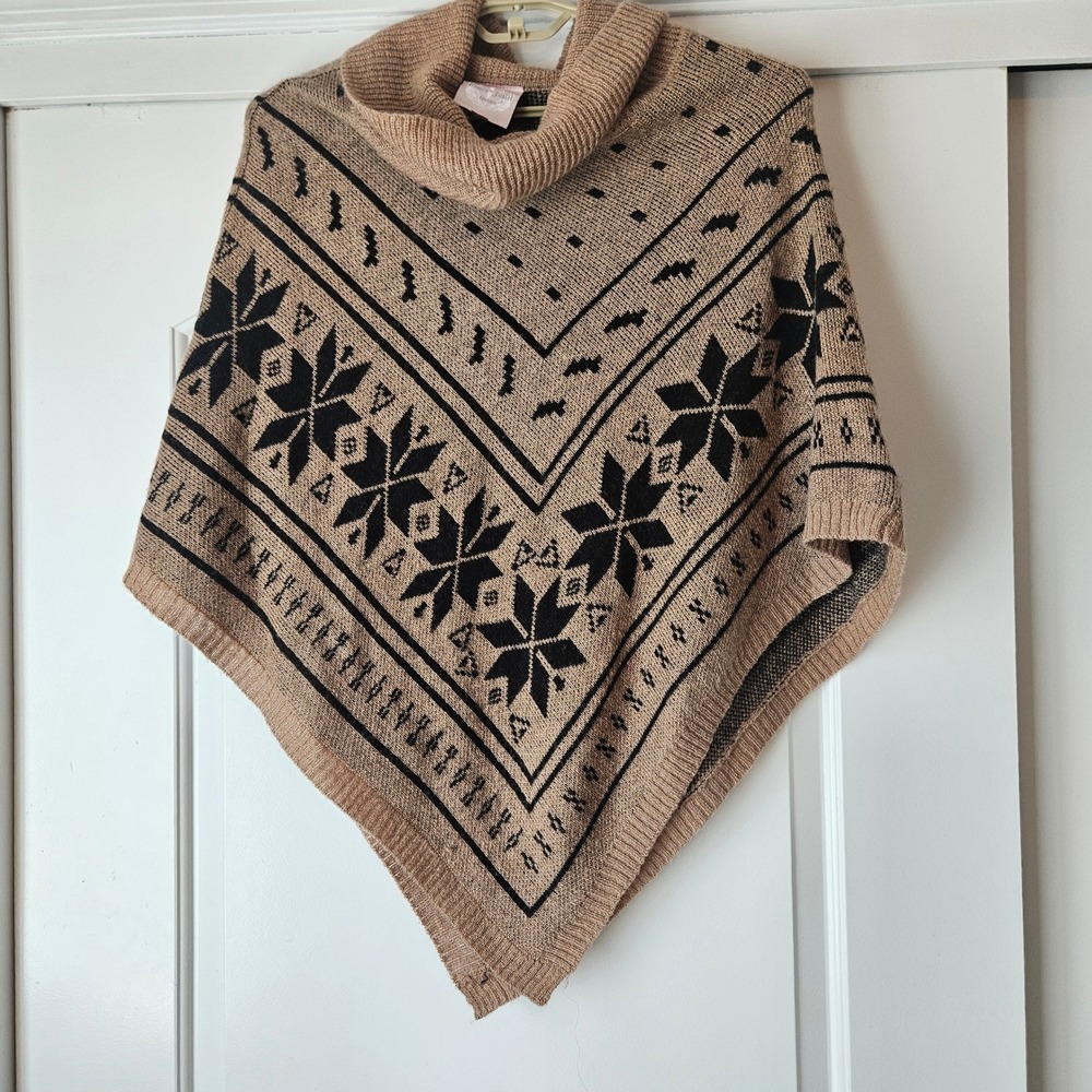 Poncho Womens M Brown Fair Isle Mohair Wool Cowl Neck Cozy Boho Office Holiday